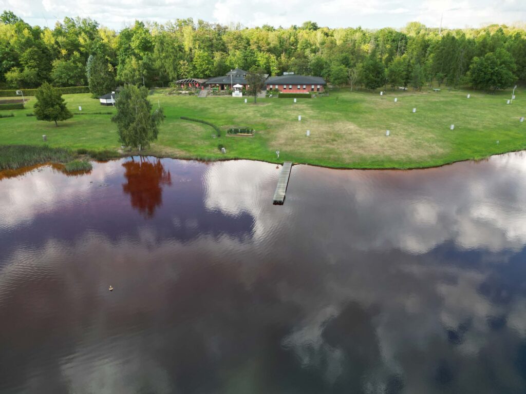 Ein Steg ragt in den ruhigen, spiegelglatten Zieselsmaar-See hinein, in der Nähe einer Wiese und einiger Gebäude, umgeben von Bäumen – ein idealer Ort für Freizeit und Entspannung.