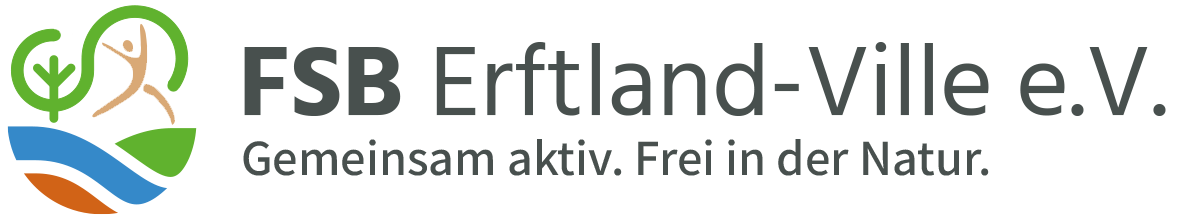 Logo des FSB Erftland-Ville e.V. mit Natursymbolen und dem Slogan: „Gemeinsam aktiv. Frei in der Natur – erleben Sie Zieselsmaar und eine entspannte, textilfreie Freizeit.“.