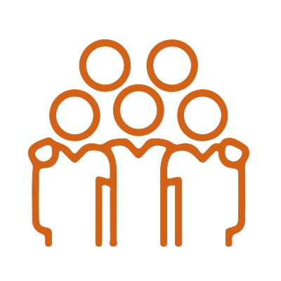 Einfache orangefarbene Strichzeichnung von vier Personen, die beieinander stehen und damit Gemeinschaft oder Teamarbeit symbolisieren – ideal für Freizeit- oder Sportaktivitäten.