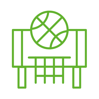 Grüne Strichzeichnung eines Basketballs und eines Korbs mit Netz auf hellgrauem Hintergrund, die den Geist von Freizeit und Sport einfängt.