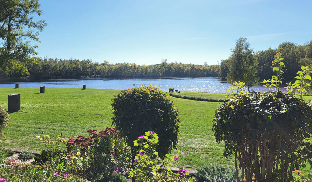 Sonniger Blick auf den See bei Zieselsmaar mit grünem Gras, Sträuchern, Blumen und Bäumen, die sich im ruhigen Wasser spiegeln – ideal für Sport oder zum Entspannen in einer textilfreien Umgebung.