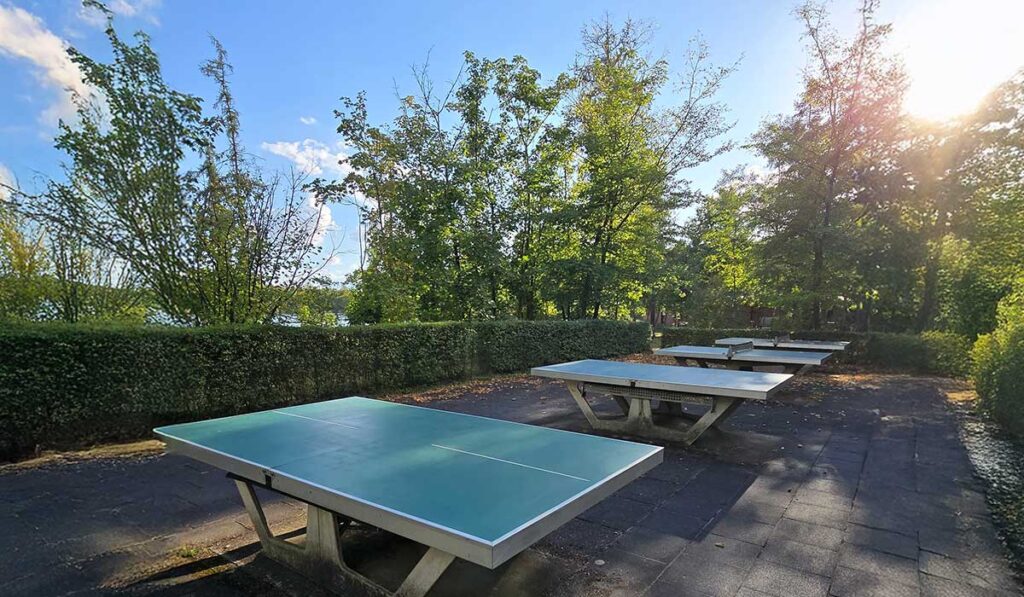Auf einer gepflasterten Fläche in Zieselsmaar stehen vier Tischtennisplatten im Freien in einer Reihe, umgeben von Bäumen und in der Sonne – ein perfekter Ort für Sport und Freizeit.