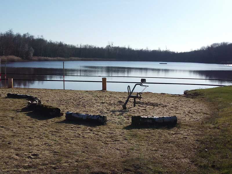 Das sandige Seeufer bei Zieselsmaar mit Baumstämmen, einer Bank und ruhigem Wasser unter klarem Himmel – ein einladender Ort für Freizeit oder Sport, umgeben von Bäumen im Hintergrund.