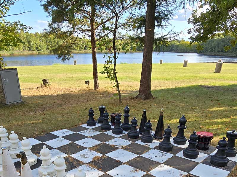 Ein riesiges Schachbrett im Freien auf einer Wiese, in der Nähe von Bäumen und einem See, unter blauem Himmel und vereinzelten Wolken – ideal für einen entspannten Sport oder ein FKK-Erlebnis in der Natur.