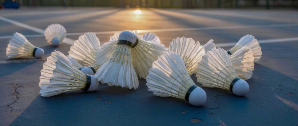 Mehrere weiße Badminton-Federbälle, die bei Sonnenuntergang auf einem Außenplatz verstreut lagen, sorgten für eine entspannte Sport- und Freizeitstimmung.
